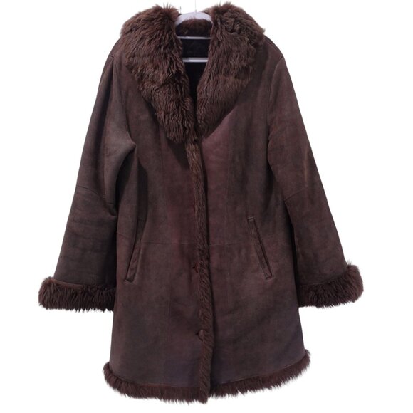 VTG 80s Hide Society Penny Lane Coat Sz 10 Brown Sheepskin Shearling Trim Boho